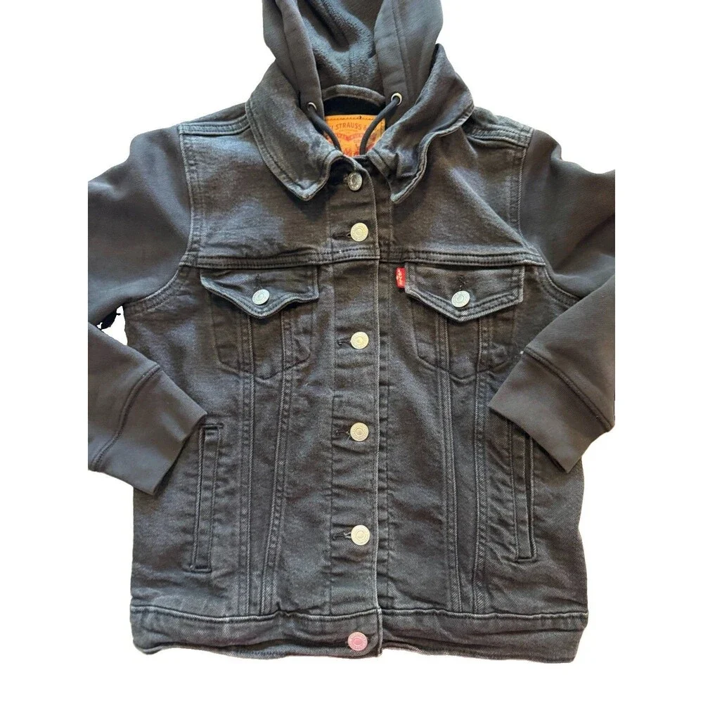 Levi’s Denim Youth Kids Original Trucker Jean Jacket + Hood Black Size Small S